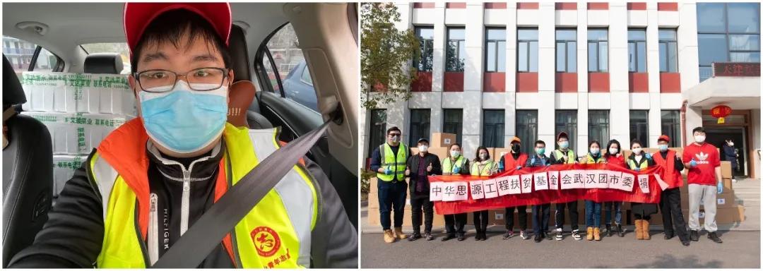 左圖：10輛轎車后座和后備箱堆滿了菜，出發送給社區；右圖：各位志愿者協助接收消毒防護物資